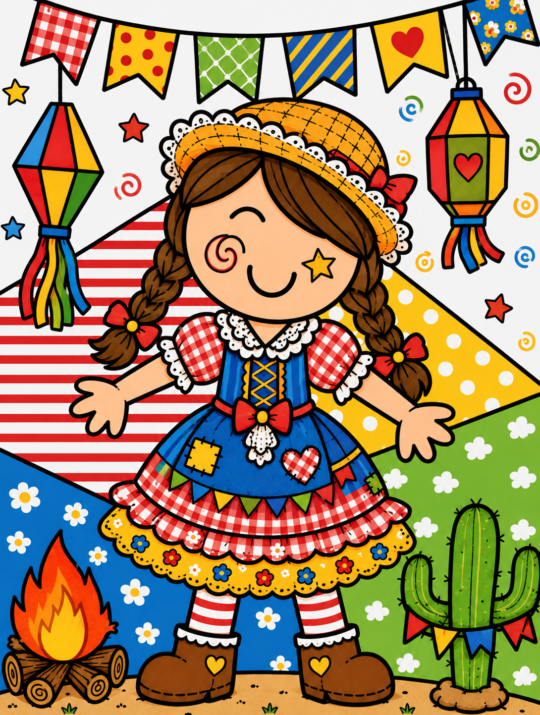 Festa Junina Kawaii para Colorir – Menino e Menina Juninos - Imagem 2