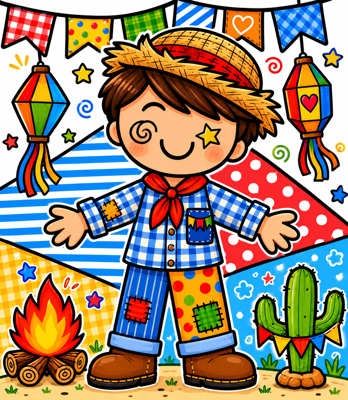Festa Junina Kawaii para Colorir – Menino e Menina Juninos - Imagem 3