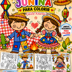Festa Junina Kawaii para Colorir – Menino e Menina Juninos