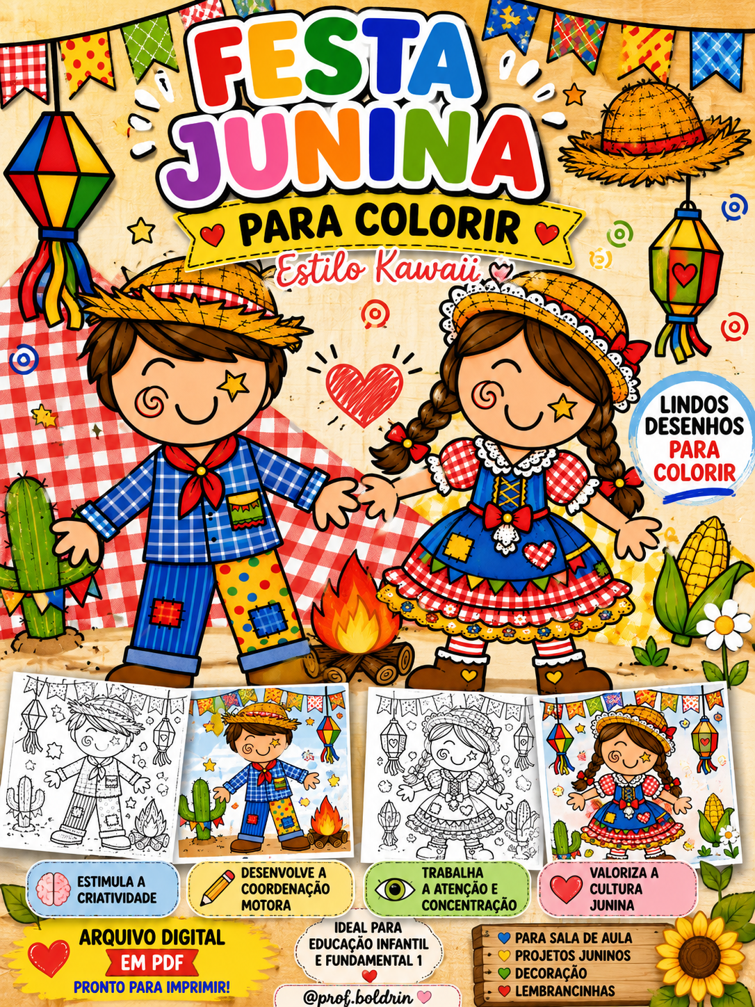 Festa Junina Kawaii para Colorir – Menino e Menina Juninos