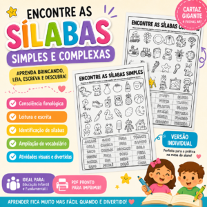 Encontre as Sílabas Simples e Complexas – Cartaz Gigante e Atividades Individuais | Alfabetização e Consciência Fonológica