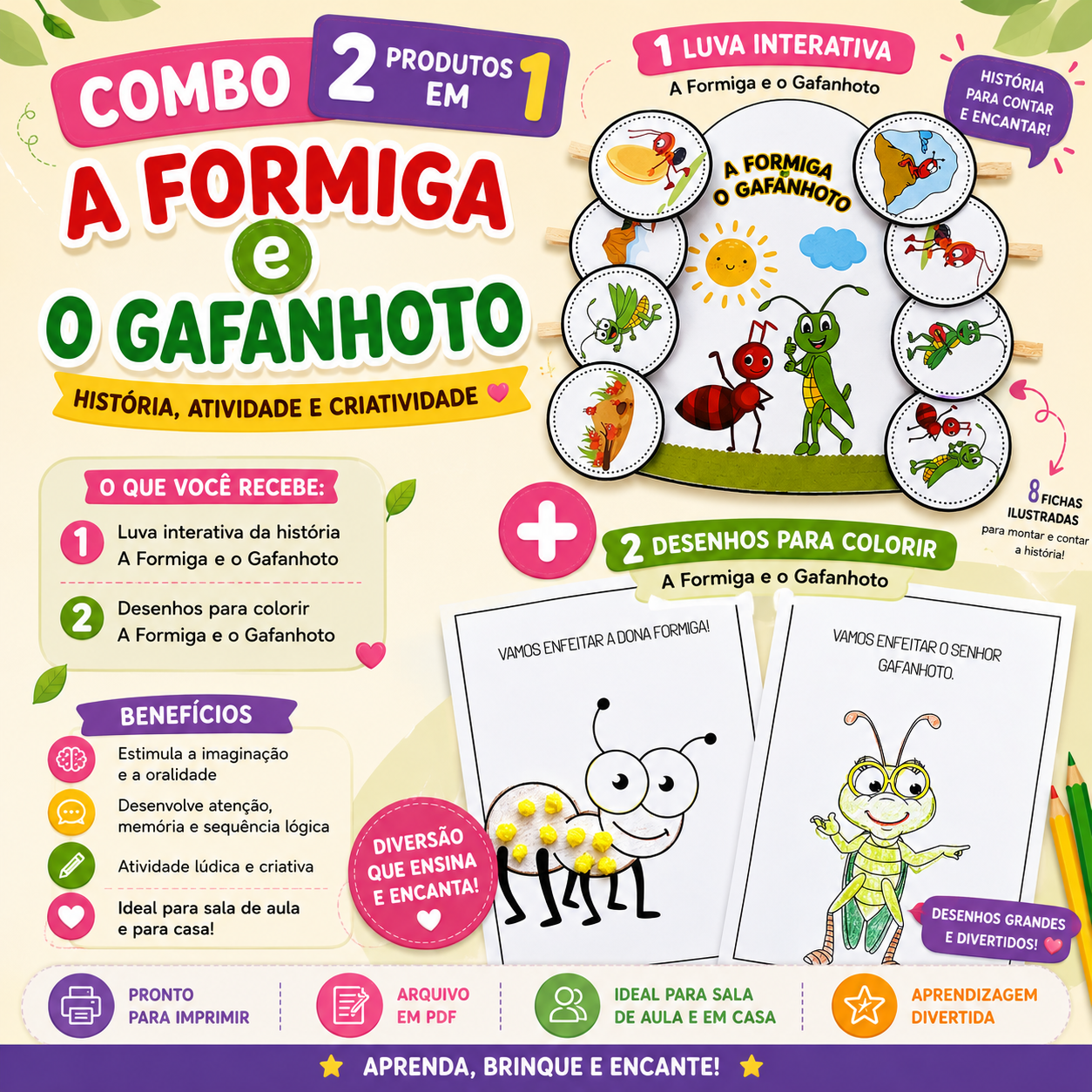 Combo A Formiga e o Gafanhoto | Luva Interativa + Atividades para Colorir | Educação Infantil | PDF