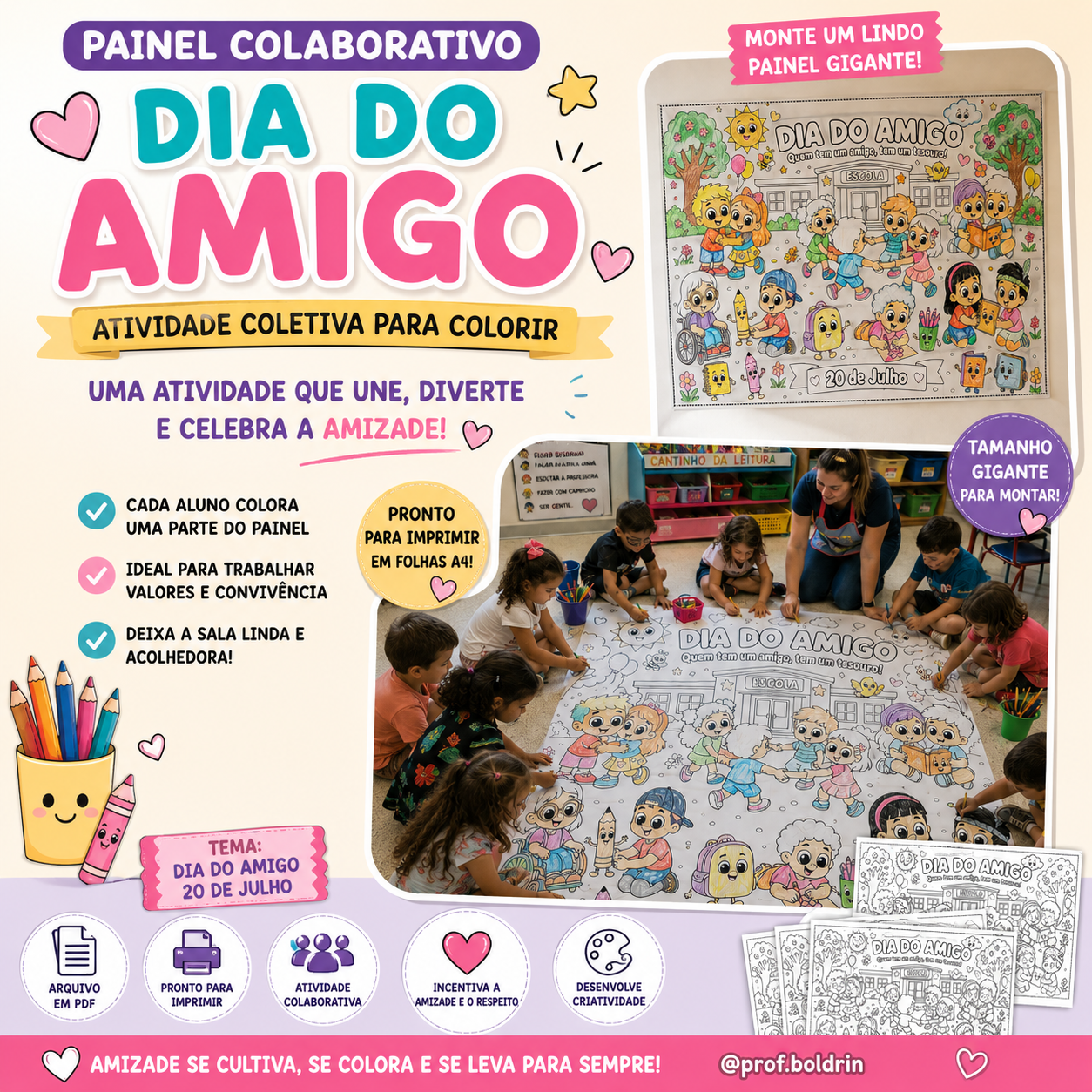 Painel Colaborativo Dia do Amigo | Cartaz Gigante para Colorir | Atividade Coletiva em PDF