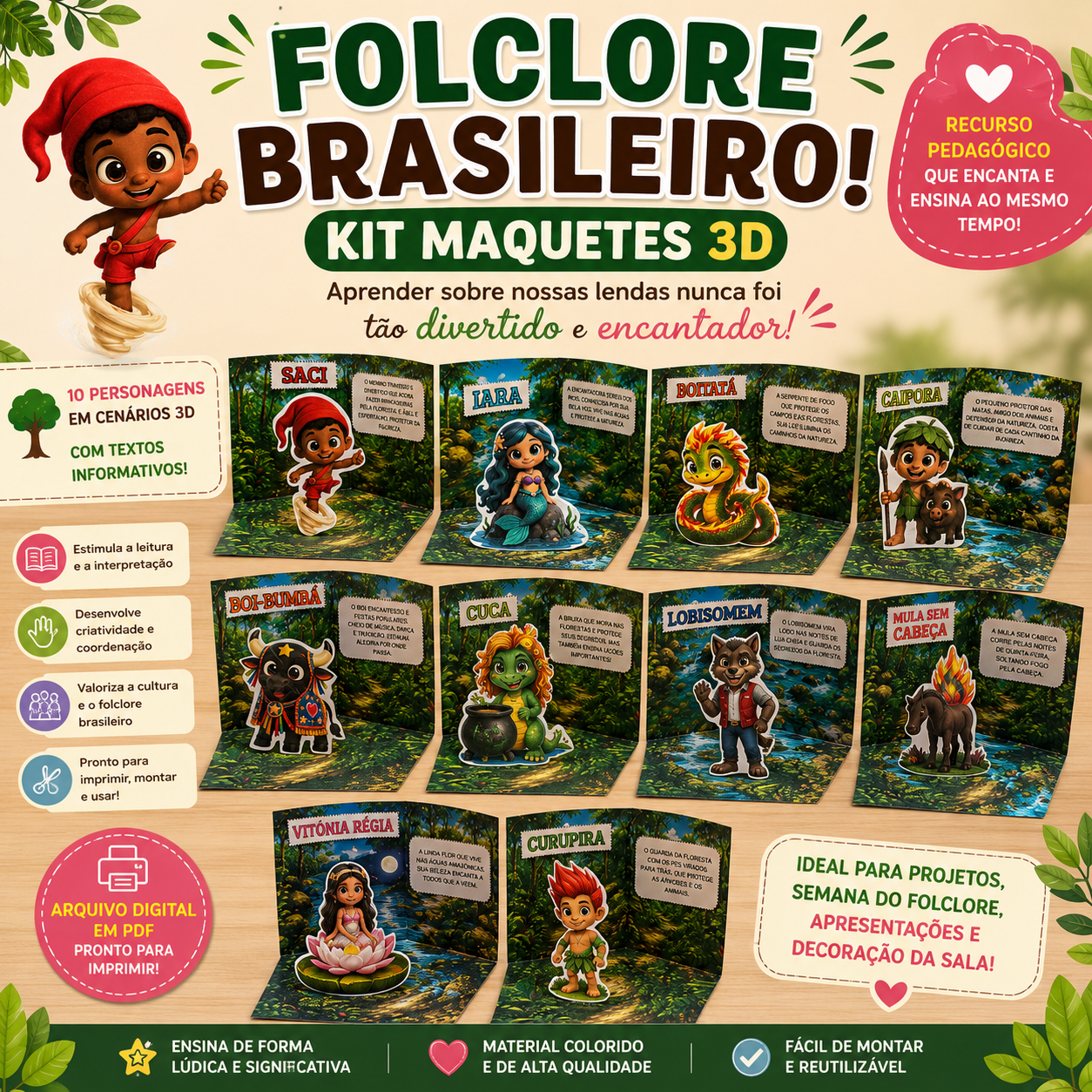 Kit Maquetes 3D – Personagens do Folclore Brasileiro | Arquivo Digital em PDF