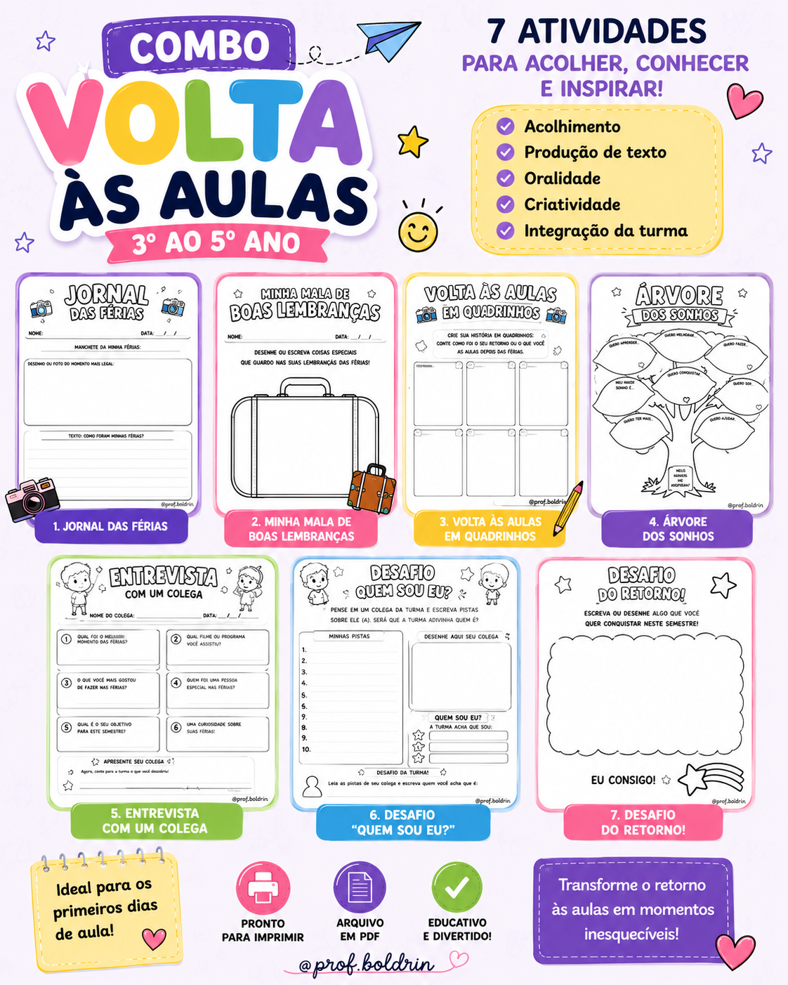 Combo Volta às Aulas – 3º ao 5º Ano | 7 Atividades de Acolhimento em PDF