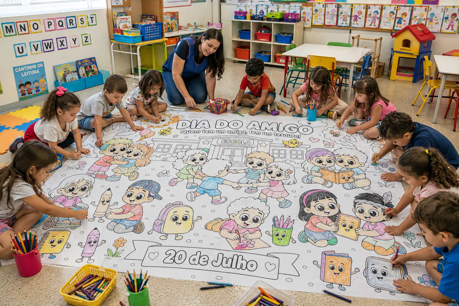 Painel Colaborativo Dia do Amigo | Cartaz Gigante para Colorir | Atividade Coletiva em PDF - Imagem 4