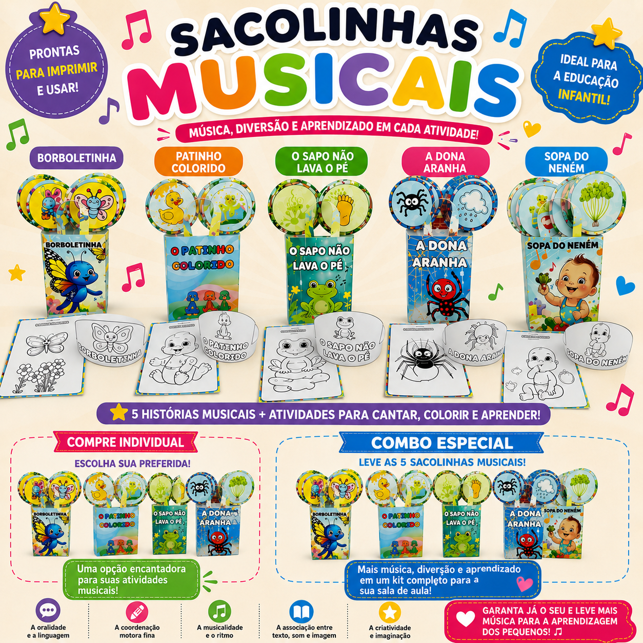 KIT COMPLETO – 5 SACOLAS MUSICAIS + ATIVIDADES