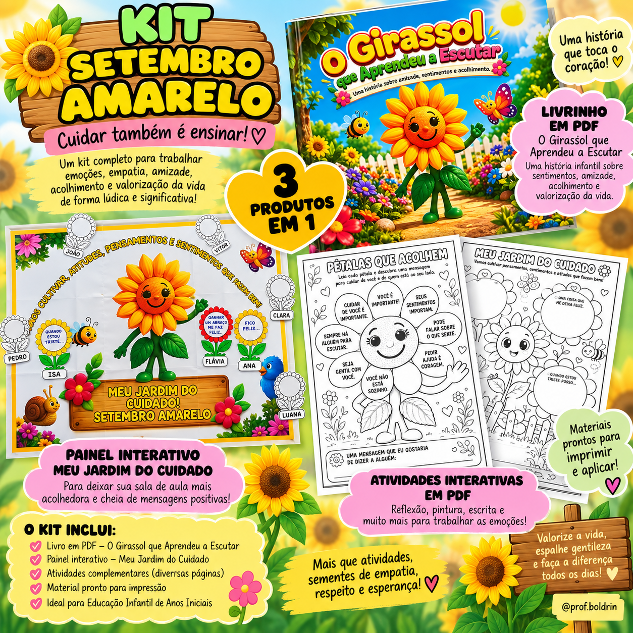 Kit Setembro Amarelo 3 em 1 – História + Painel Interativo + Atividades sobre Sentimentos e Acolhimento