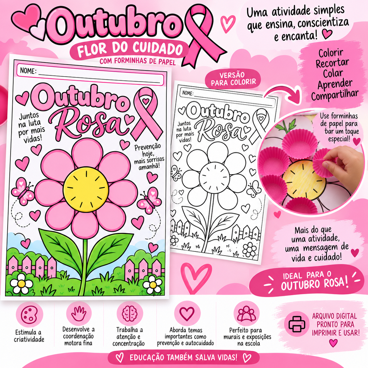 Outubro Rosa Interativo | Flor do Cuidado com Forminhas de Papel