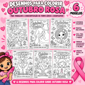 Outubro Rosa – Kit com 6 Desenhos para Colorir | Conscientização e Prevenção