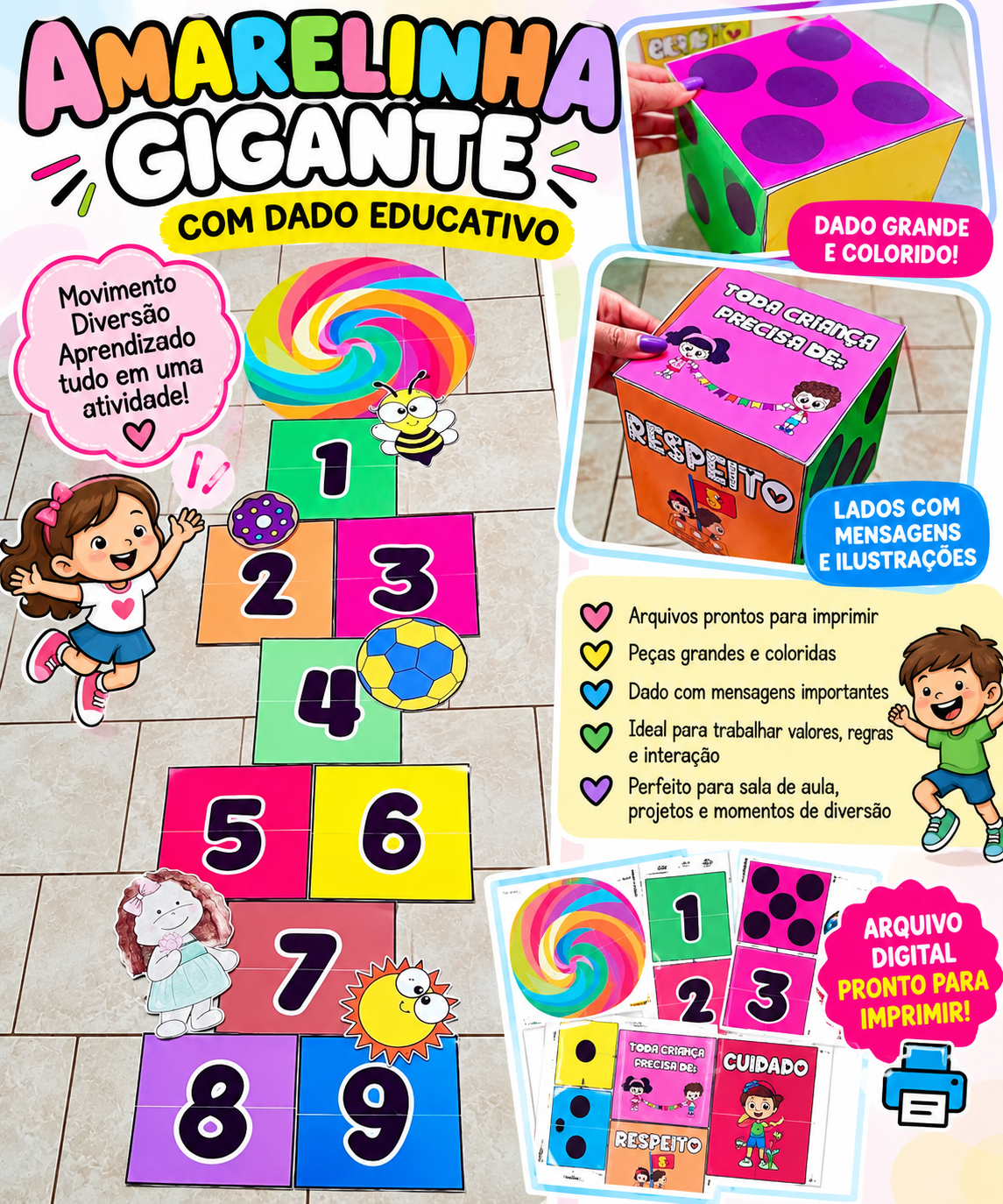 Amarelinha Gigante Interativa + Dados Educativos | Brincar, Aprender e se Movimentar
