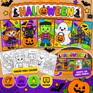 Halloween Divertido – Kit de Desenhos para Colorir e Montar um Mural Coletivo